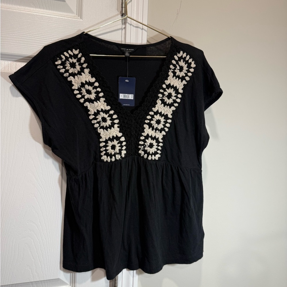 LUCKY BRAND Black Embroidered Women's Top Sz S